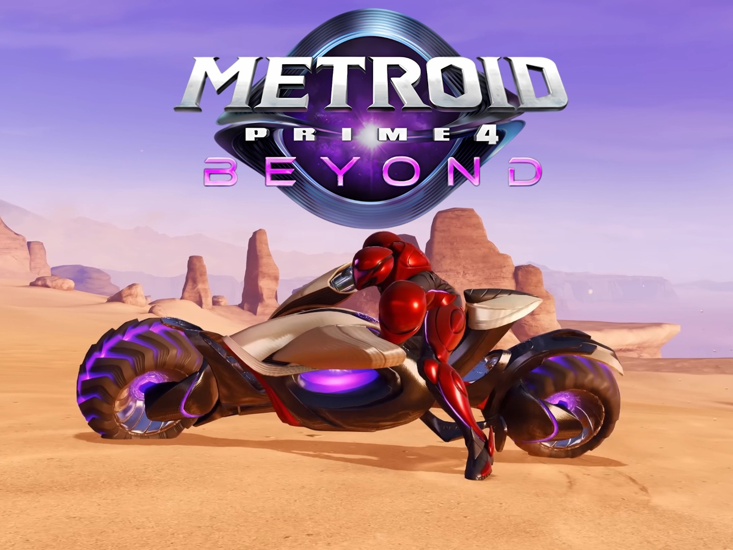 Metroid Prime 4: Beyond banner showing Samus Aran on bike (Image source: Nintendo of America YouTube with edits)