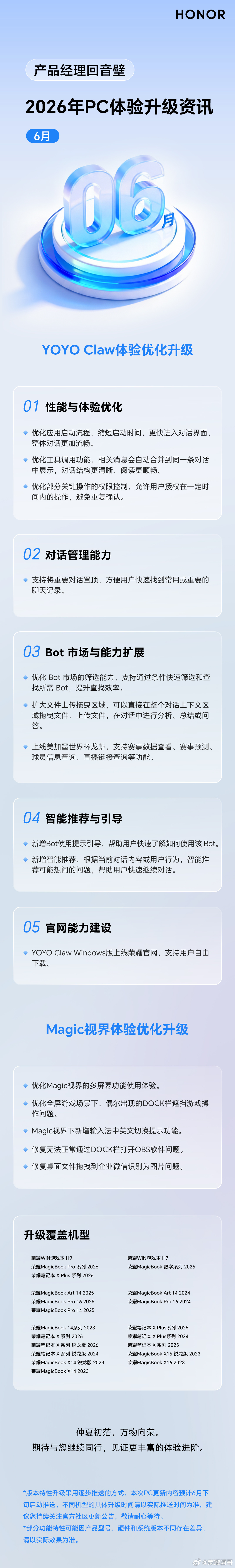 荣耀 PC、平板 6 月升级特性公布:优化电脑 YOYO Claw、平板性能与体验