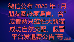 微信公布 2026 年 1 月朋友圈热度谣言，含“成都两只雄性大熊猫成功自然交配、假冒平台发退费公告”等