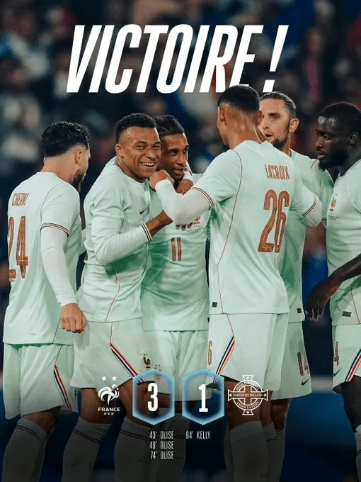 [足球]法国3-1北爱尔兰全场数据：射门25-4，射正5-2，绝对机会2-1